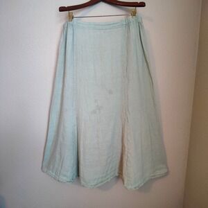 FLAX Linen Midi Skirt Green Elastic PullOn ALine Lagenlook Cottagecore Granola L